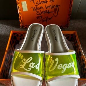 Taylor Says Las Vegas Neon Yellow and White Slide Sandals